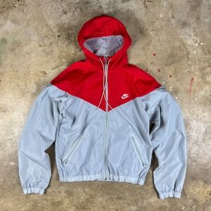 Vintage 1980s Nike‎ Windbreaker Men's Medium Red Gray Hooded Lightweight Jacket